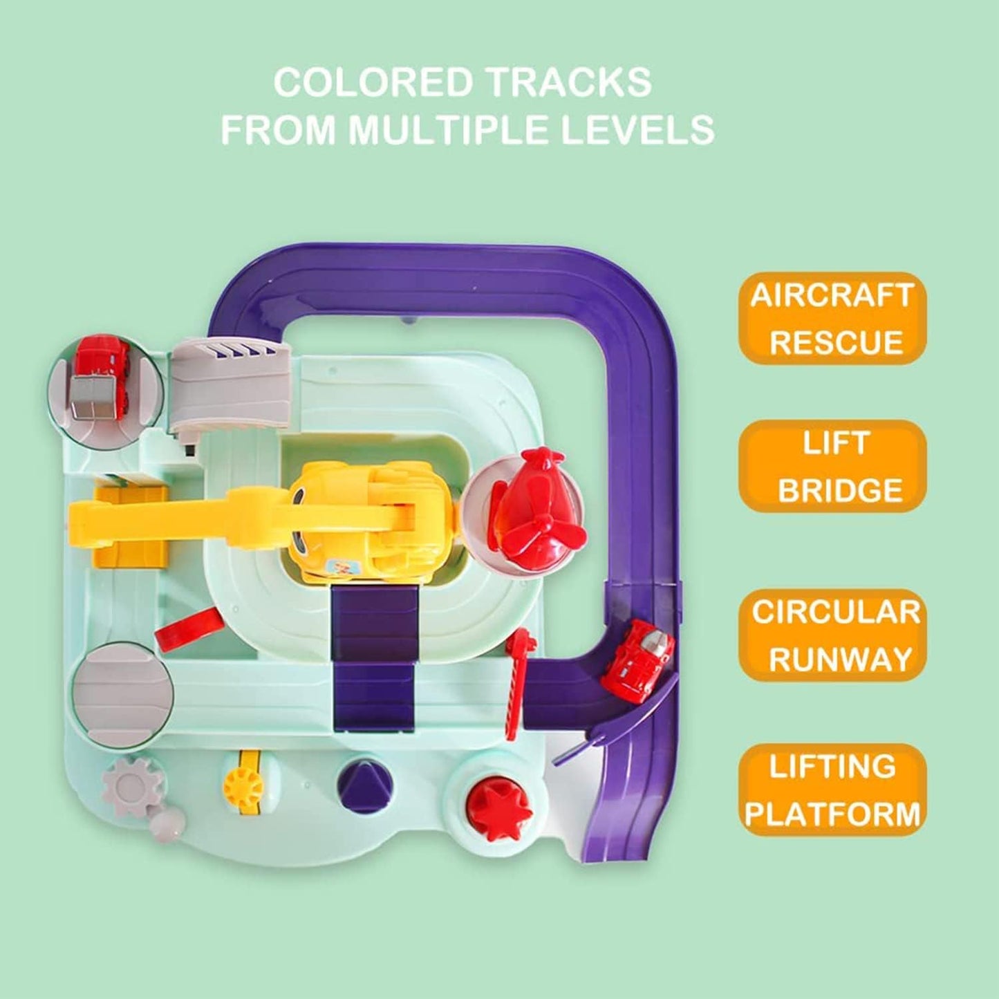 BAYBEE Adventure Rescue Truck Toy Set for Kids, Mechanical linkage Rail Car Race Track Parking Interactive Preschool Educational Toys
