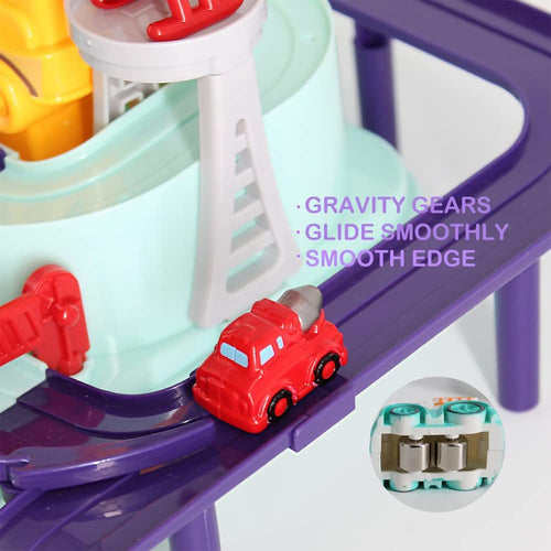 BAYBEE Adventure Rescue Truck Toy Set for Kids, Mechanical linkage Rail Car Race Track Parking Interactive Preschool Educational Toys