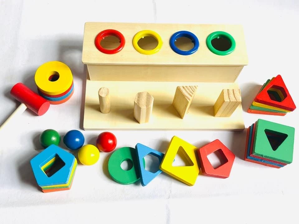 Baybee Wooden Hammer Case Toy Knock Pounding Bench for Kids with With Geometric Shape Sorting, Early Educational Activity Toy
