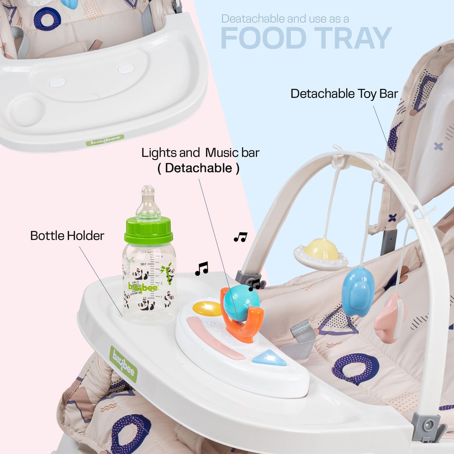 Baybee 5 in 1 Baby Rocking Chair for Kids with Hanging Toys | Baby Rocker Booster Chair with Recline, Music, Wheels & Food Tray